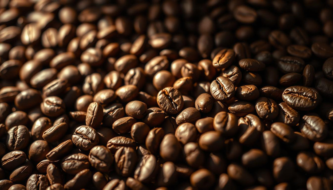 A close-up view of freshly roasted coffee beans, showcasing their intricate texture and rich, warm tones. The beans are evenly d
